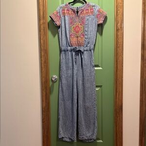 Sharon Young Denim Jumpsuit with Pink and Orange Embroidery